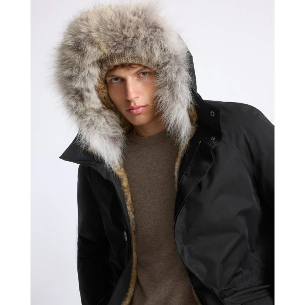 Yves Salomon Long Iconic Technical Cotton Parka with Coyote and Rabbit Fur in Black | Men's Coats | Coveti