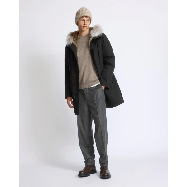 Yves Salomon Long Iconic Technical Cotton Parka with Coyote and Rabbit Fur in Black | Men's Coats | Coveti