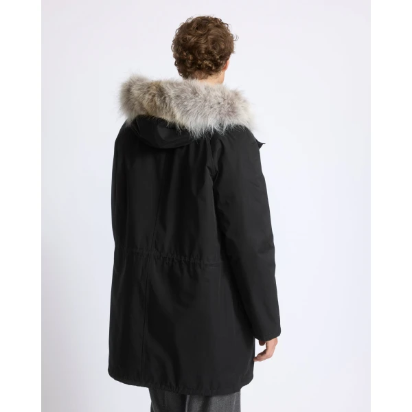 Yves Salomon Long Iconic Technical Cotton Parka with Coyote and Rabbit Fur in Black | Men's Coats | Coveti