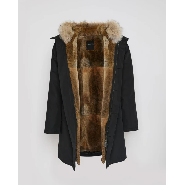 Yves Salomon Long Iconic Technical Cotton Parka with Coyote and Rabbit Fur in Black | Men's Coats | Coveti