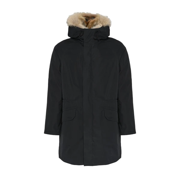 Long Iconic Technical Cotton Parka with Coyote and Rabbit Fur in Black