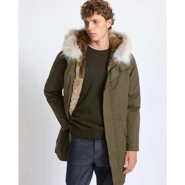 Yves Salomon Long Iconic Technical Cotton Parka with Coyote and Rabbit Fur in Dark Khaki | Men's Coats | Coveti