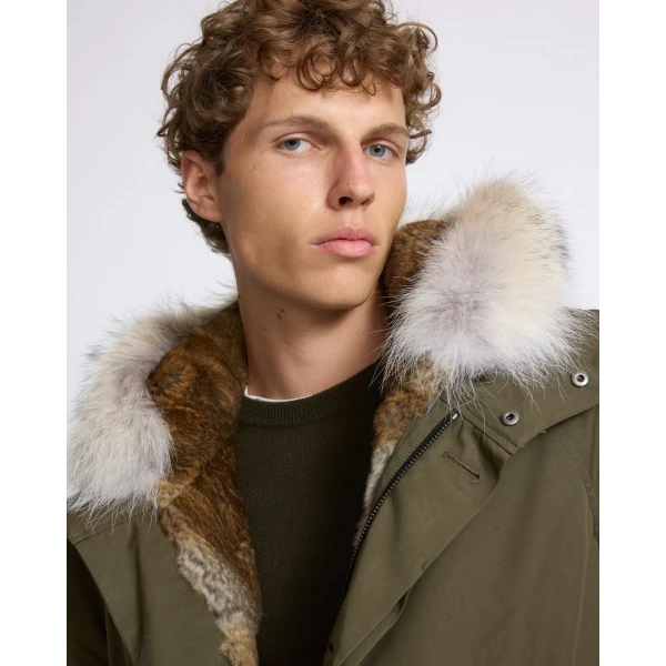 Yves Salomon Long Iconic Technical Cotton Parka with Coyote and Rabbit Fur in Dark Khaki | Men's Coats | Coveti