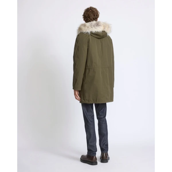 Yves Salomon Long Iconic Technical Cotton Parka with Coyote and Rabbit Fur in Dark Khaki | Men's Coats | Coveti