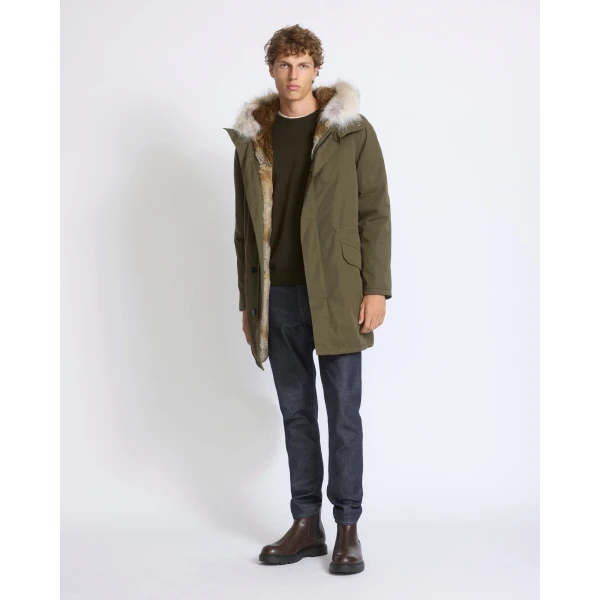 Yves Salomon Long Iconic Technical Cotton Parka with Coyote and Rabbit Fur in Dark Khaki | Men's Coats | Coveti