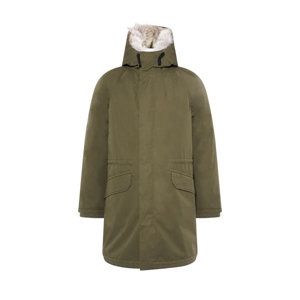 Long Iconic Technical Cotton Parka with Coyote and Rabbit Fur in Dark Khaki