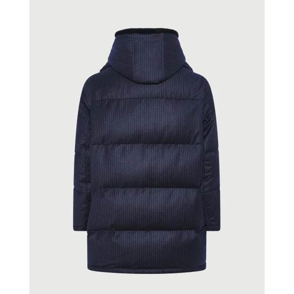 Yves Salomon Long Loro Piana Jacquard Down Jacket with Removable Mink Bib in Navy Stripe | Men's Coats | Coveti