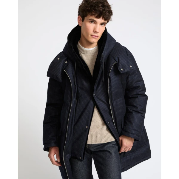 Yves Salomon Long Loro Piana Jacquard Down Jacket with Removable Mink Bib in Navy Stripe | Men's Coats | Coveti
