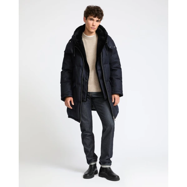 Yves Salomon Long Loro Piana Jacquard Down Jacket with Removable Mink Bib in Navy Stripe | Men's Coats | Coveti