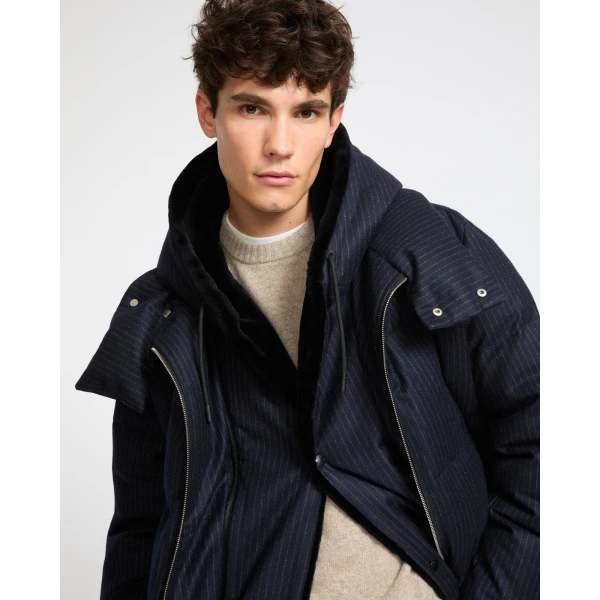 Yves Salomon Long Loro Piana Jacquard Down Jacket with Removable Mink Bib in Navy Stripe | Men's Coats | Coveti