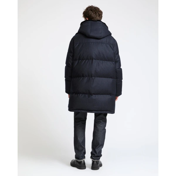 Yves Salomon Long Loro Piana Jacquard Down Jacket with Removable Mink Bib in Navy Stripe | Men's Coats | Coveti