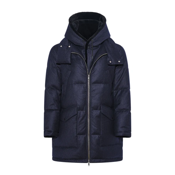 Yves Salomon Long Loro Piana Jacquard Down Jacket with Removable Mink Bib in Navy Stripe | Men Clothing | Coveti
