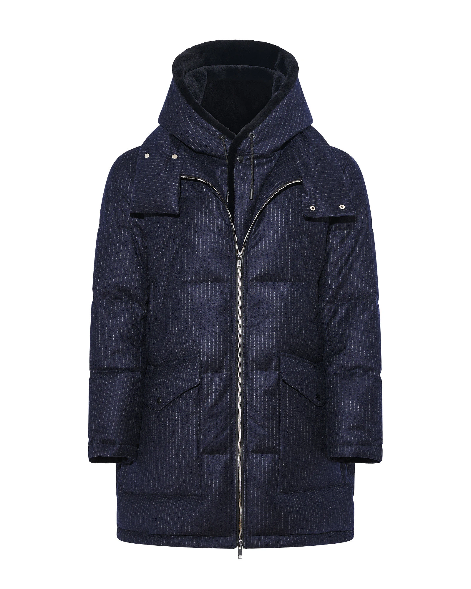 Yves Salomon Long Loro Piana Jacquard Down Jacket with Removable Mink Bib in Navy Stripe Yves Salomon Long Loro Piana Jacquard Down Jacket with Removable Mink Bib in Navy Stripe | Men Clothing | Coveti