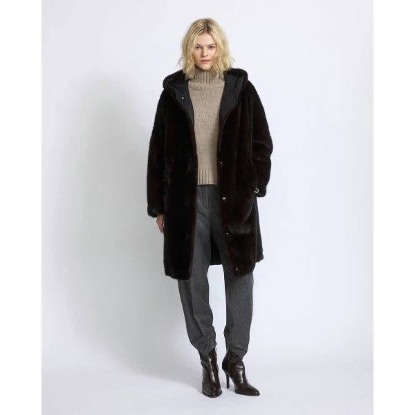 Yves Salomon Long Reversible Hooded Down Jacket in Technical Fabric and Mink in Black | Jackets | Coveti