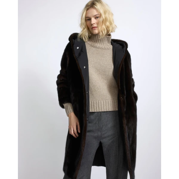 Yves Salomon Long Reversible Hooded Down Jacket in Technical Fabric and Mink in Black | Jackets | Coveti