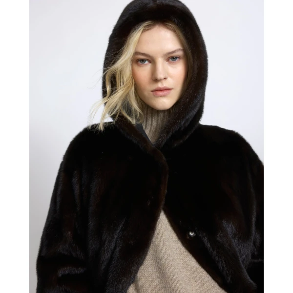 Yves Salomon Long Reversible Hooded Down Jacket in Technical Fabric and Mink in Black | Jackets | Coveti