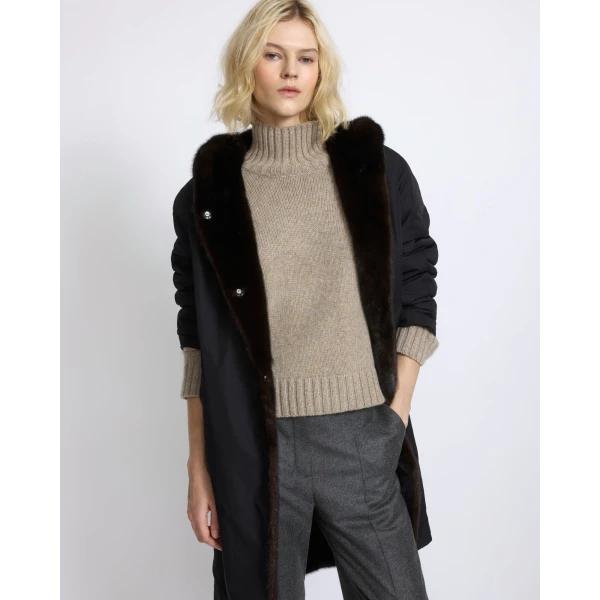 Yves Salomon Long Reversible Hooded Down Jacket in Technical Fabric and Mink in Black | Jackets | Coveti