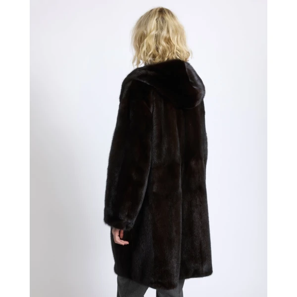 Yves Salomon Long Reversible Hooded Down Jacket in Technical Fabric and Mink in Black | Jackets | Coveti