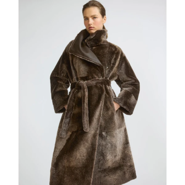 Yves Salomon Long Reversible Lacon Lambskin Shearling Coat in Brown | Shearling Coat | Coveti