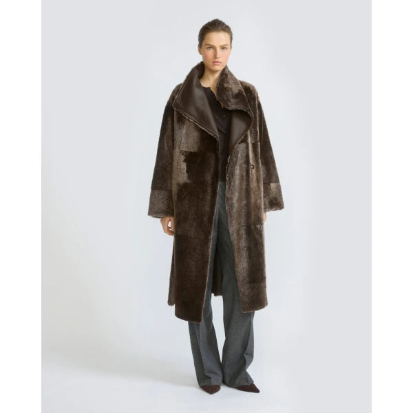 Yves Salomon Long Reversible Lacon Lambskin Shearling Coat in Brown | Shearling Coat | Coveti
