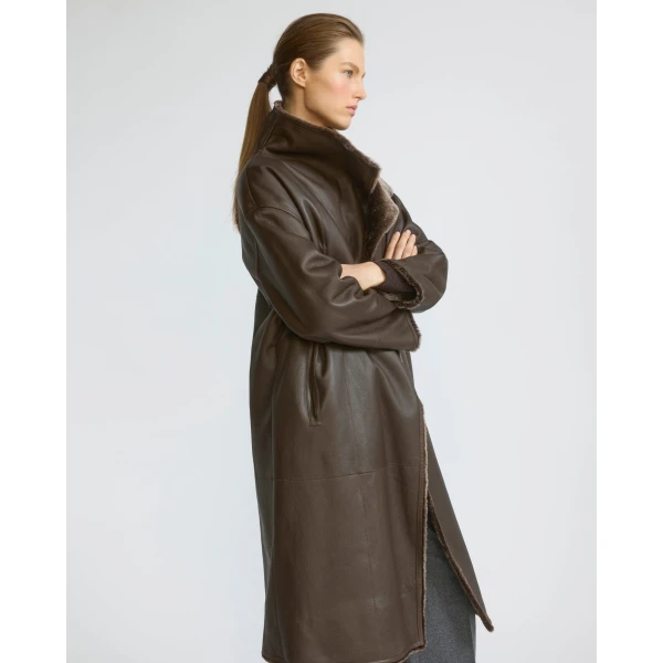 Yves Salomon Long Reversible Lacon Lambskin Shearling Coat in Brown | Shearling Coat | Coveti