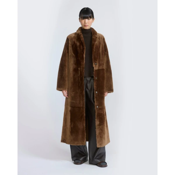 Yves Salomon Long Reversible Toscana Lambskin Shearling Coat in Brown | Shearling Coat | Coveti