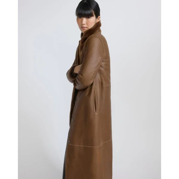 Yves Salomon Long Reversible Toscana Lambskin Shearling Coat in Brown | Shearling Coat | Coveti