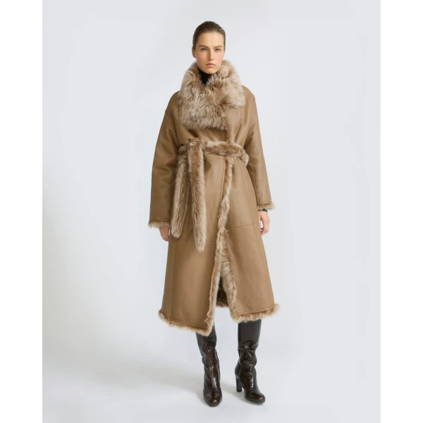 Yves Salomon Long Reversible Toscana Lambskin Shearling Coat in Camel | Shearling Coat | Coveti