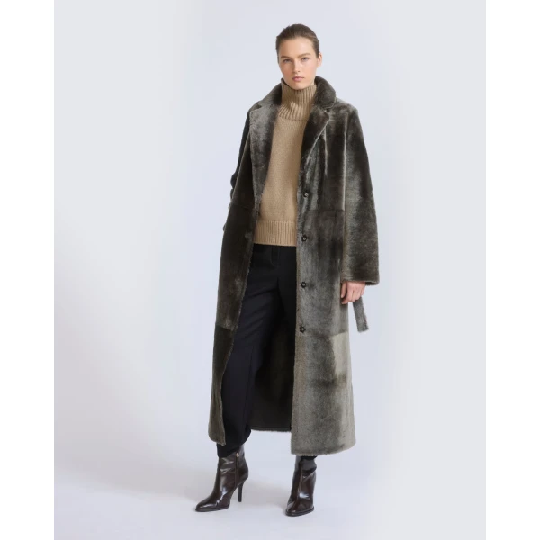 Yves Salomon Long Reversible Toscana Lambskin Shearling Coat in Light Khaki | Shearling Coat | Coveti