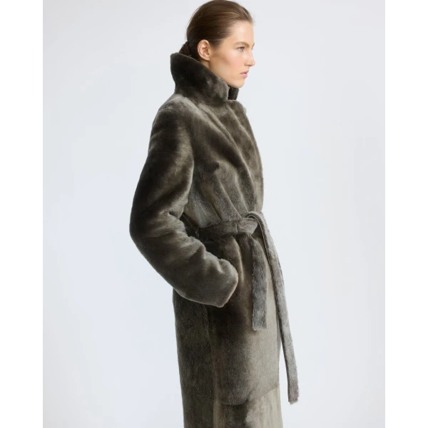 Yves Salomon Long Reversible Toscana Lambskin Shearling Coat in Light Khaki | Shearling Coat | Coveti