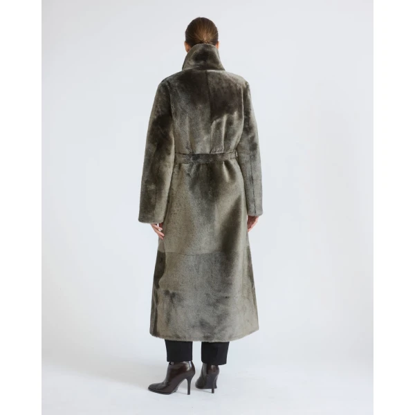 Yves Salomon Long Reversible Toscana Lambskin Shearling Coat in Light Khaki | Shearling Coat | Coveti