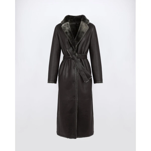 Yves Salomon Long Reversible Toscana Lambskin Shearling Coat in Light Khaki | Shearling Coat | Coveti