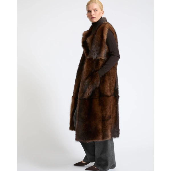 Yves Salomon Long Sleeveless Toscana Lambskin Gilet in Dark Brown | Vests | Coveti