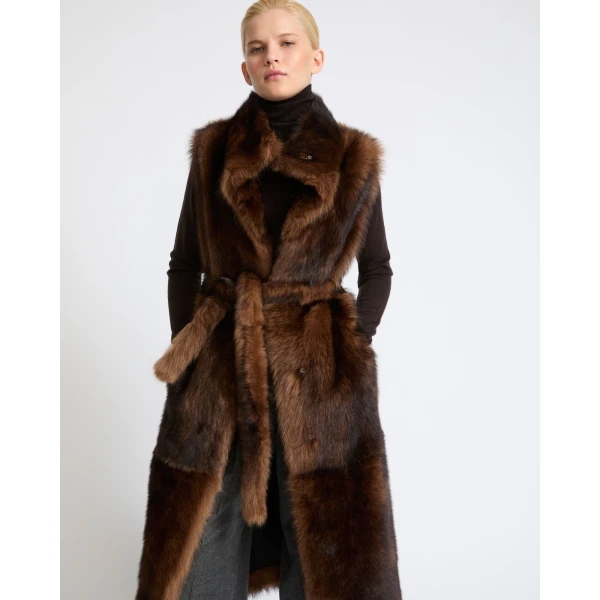 Yves Salomon Long Sleeveless Toscana Lambskin Gilet in Dark Brown | Vests | Coveti