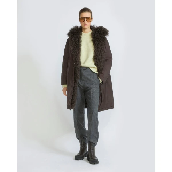 Yves Salomon Long Smooth Hooded Down Jacket with Curly Lambskin Lining in Brown | Coats | Coveti
