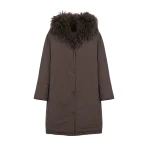 Yves Salomon Long Smooth Hooded Down Jacket with Curly Lambskin Lining in Brown | Coats | Coveti