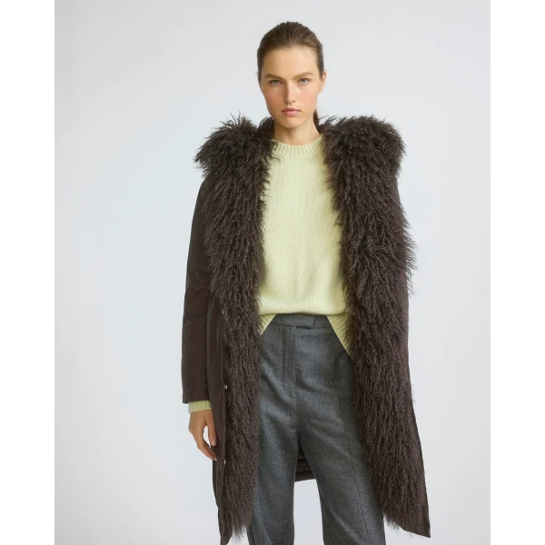 Yves Salomon Long Smooth Hooded Down Jacket with Curly Lambskin Lining in Brown | Coats | Coveti