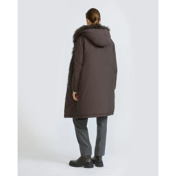 Yves Salomon Long Smooth Hooded Down Jacket with Curly Lambskin Lining in Brown | Coats | Coveti