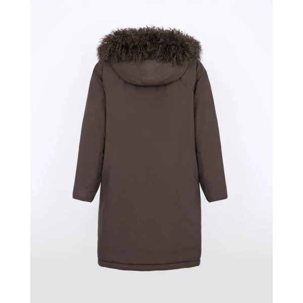 Yves Salomon Long Smooth Hooded Down Jacket with Curly Lambskin Lining in Brown | Coats | Coveti