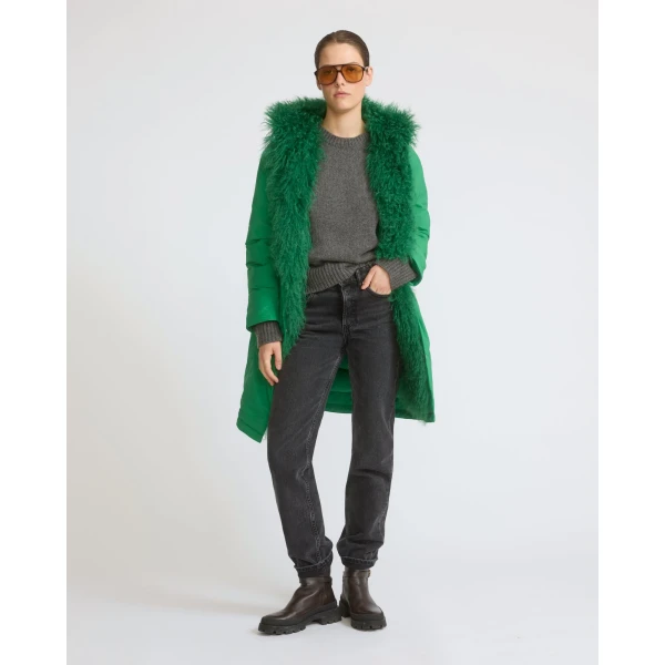 Yves Salomon Long Smooth Hooded Down Jacket with Curly Lambskin Lining in Green | Coats | Coveti