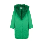 Yves Salomon Long Smooth Hooded Down Jacket with Curly Lambskin Lining in Green | Coats | Coveti
