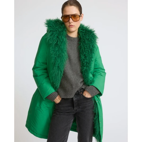 Yves Salomon Long Smooth Hooded Down Jacket with Curly Lambskin Lining in Green | Coats | Coveti