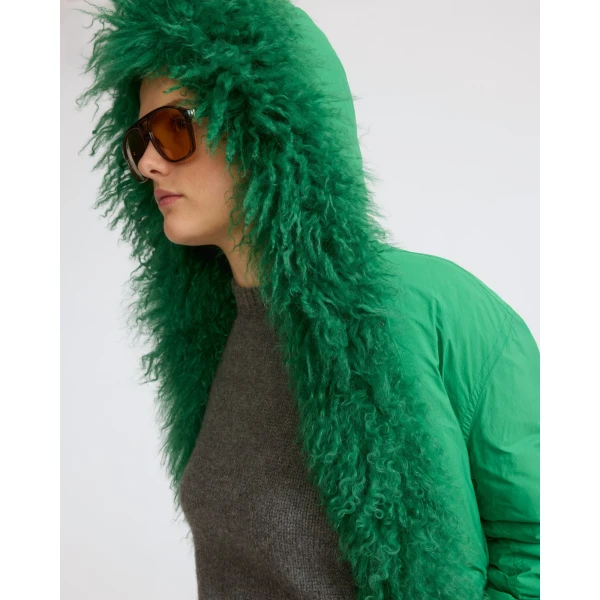 Yves Salomon Long Smooth Hooded Down Jacket with Curly Lambskin Lining in Green | Coats | Coveti