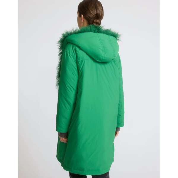 Yves Salomon Long Smooth Hooded Down Jacket with Curly Lambskin Lining in Green | Coats | Coveti
