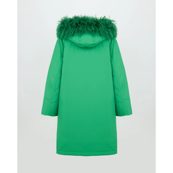 Yves Salomon Long Smooth Hooded Down Jacket with Curly Lambskin Lining in Green | Coats | Coveti