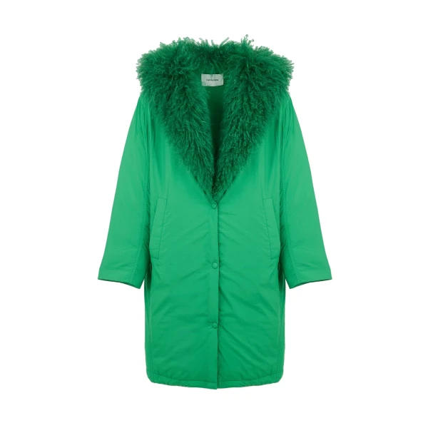 Long Smooth Hooded Down Jacket with Curly Lambskin Lining in Green