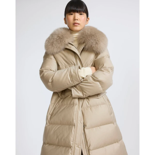 Yves Salomon Long Straight Down Jacket with Detachable Fox Fur Collar in Beige | Coats | Coveti