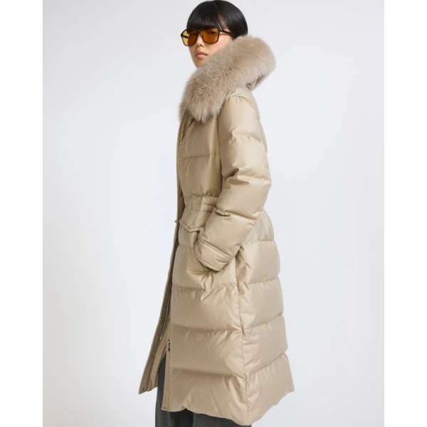Yves Salomon Long Straight Down Jacket with Detachable Fox Fur Collar in Beige | Coats | Coveti