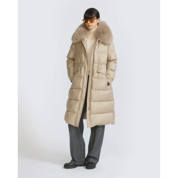 Yves Salomon Long Straight Down Jacket with Detachable Fox Fur Collar in Beige | Coats | Coveti