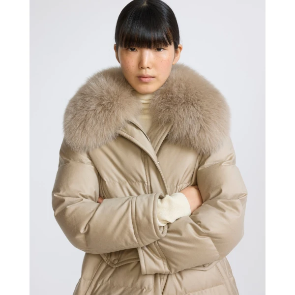 Yves Salomon Long Straight Down Jacket with Detachable Fox Fur Collar in Beige | Coats | Coveti